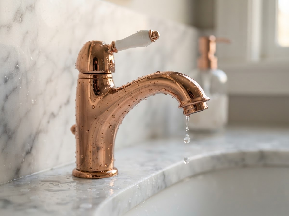 Rose gold bathroom faucet against white marble with water droplets