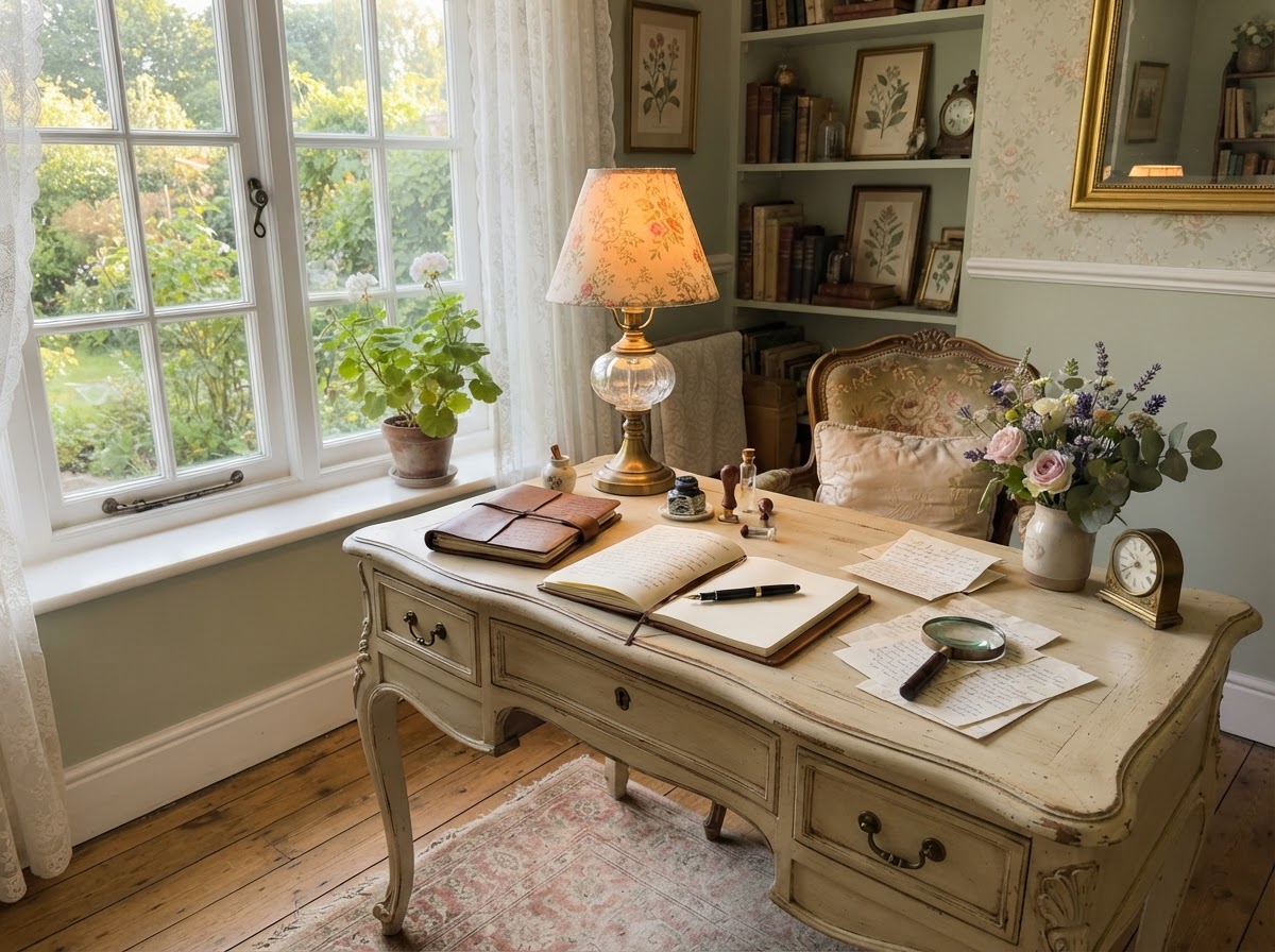 Antique cream painted writing desk by a window with a lamp and stationery