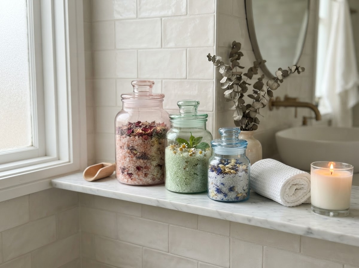 Pastel glass apothecary jars filled with bath salts on a marble bathroom shelf