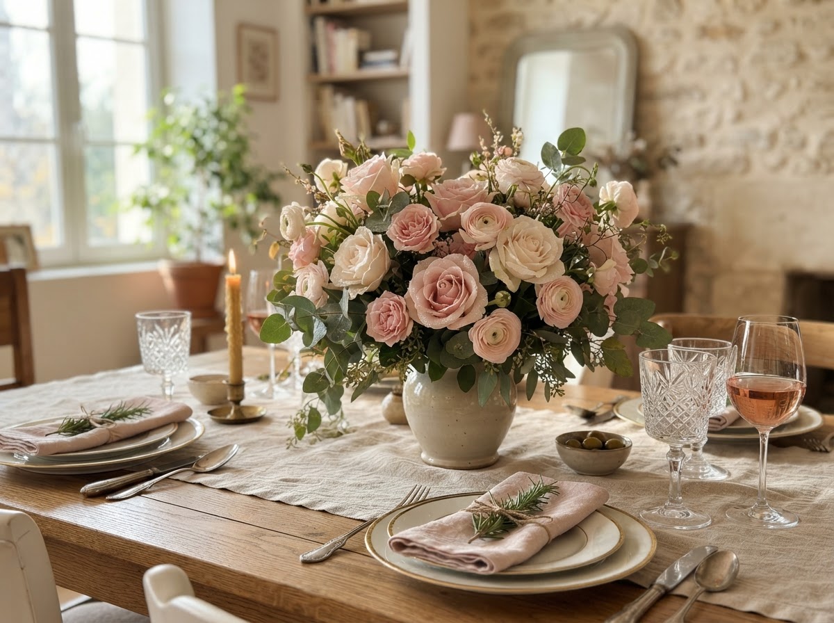 Fresh blush and cream rose bouquet centerpiece on a set dining table with linen runner