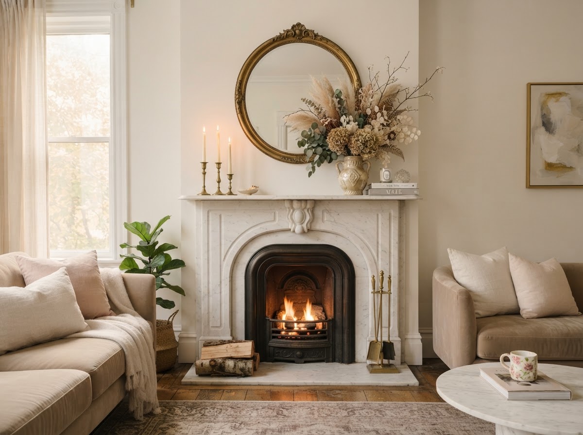 White marble fireplace mantel styled with a gold mirror and dried flowers