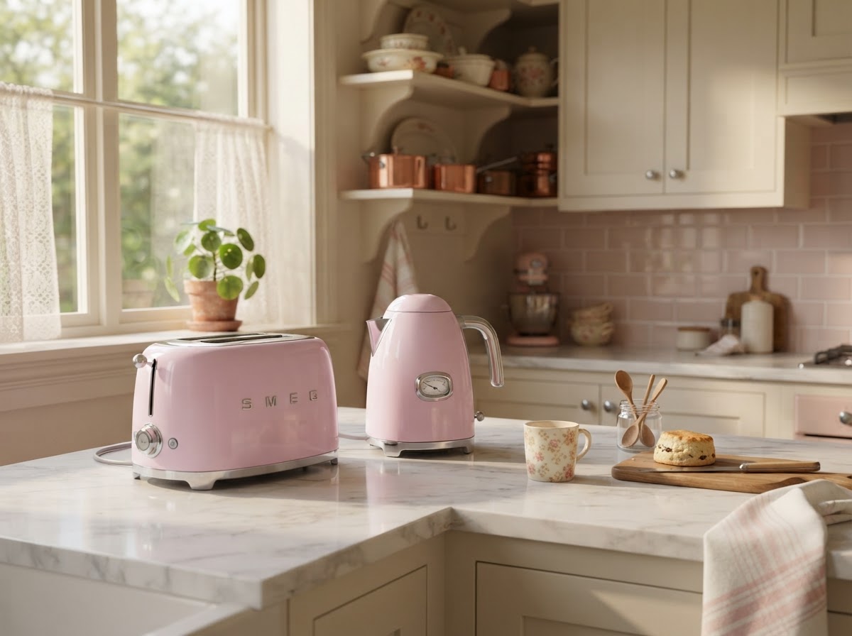 Pastel pink small kitchen appliances on a white marble counter