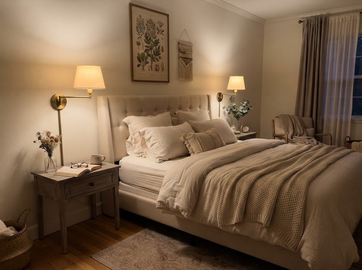 Brass swing arm wall sconces flanking a bed with cream linen