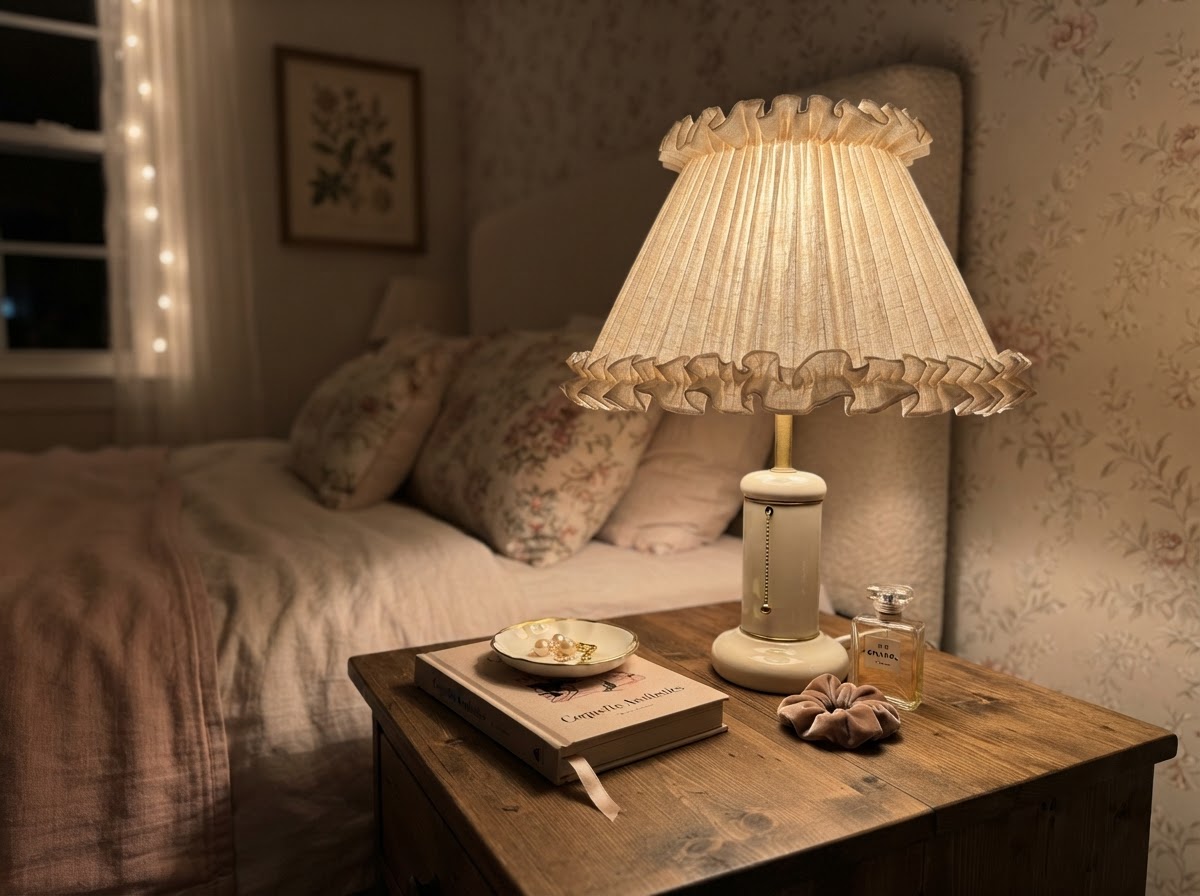 Table lamp with a ruffled linen pleated lampshade on a nightstand