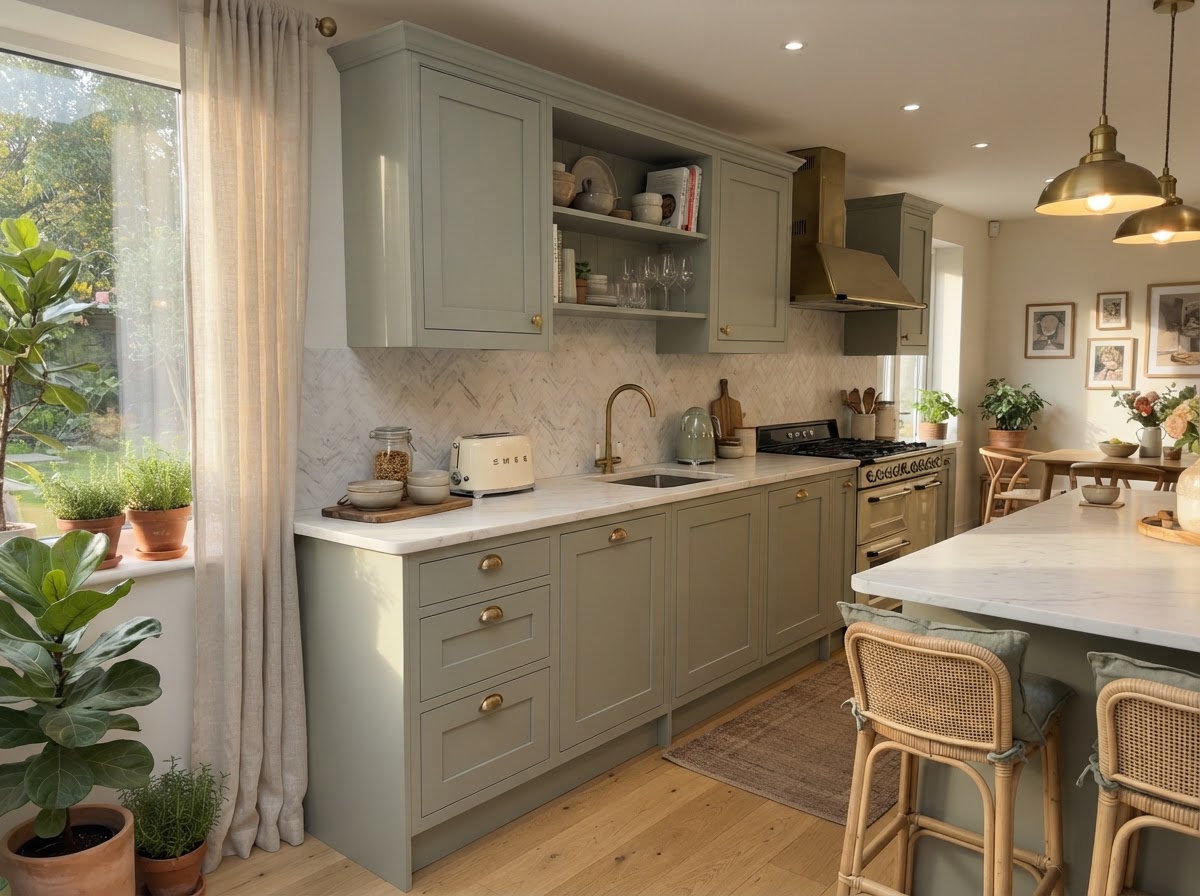 Muted sage green kitchen cabinets with brass handles and white marble countertop