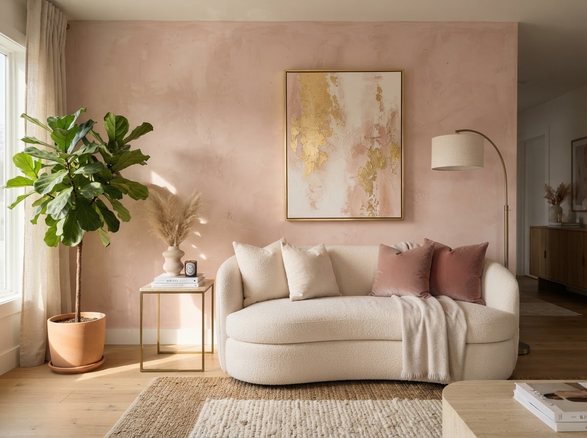 Soft blush pink plaster accent wall in a living room with a cream sofa