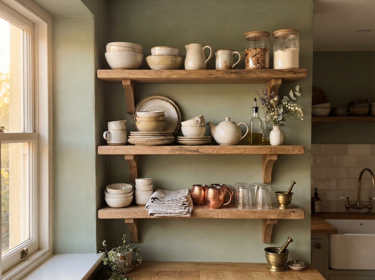 Open oak shelving in a kitchen displaying cream ceramics and glassware on a sage wall