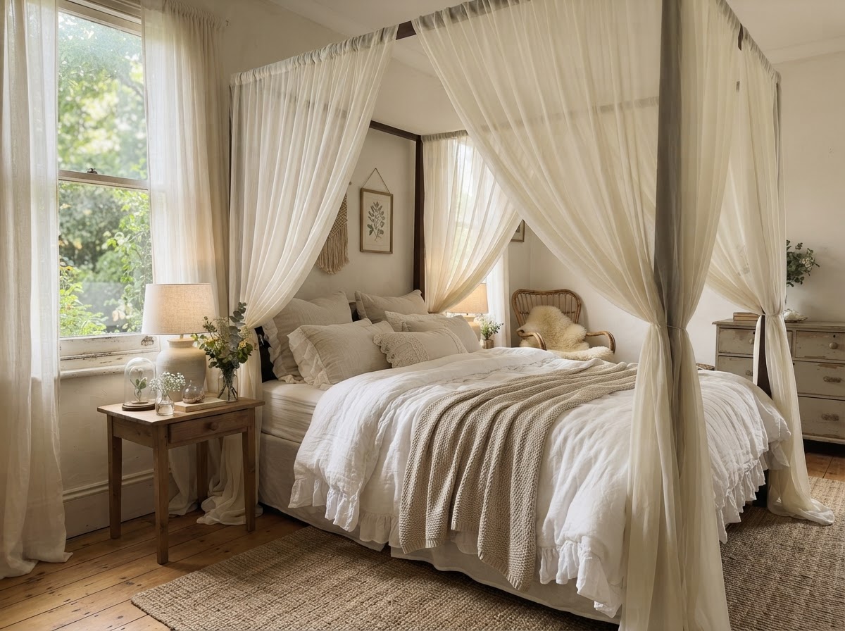 Sheer silk draped canopy over a bed with white linen