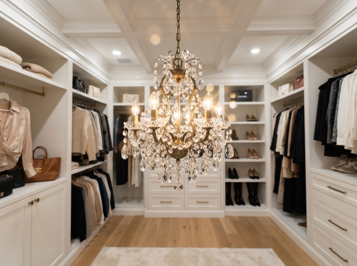 Small ornate crystal chandelier in a bright white walk-in closet