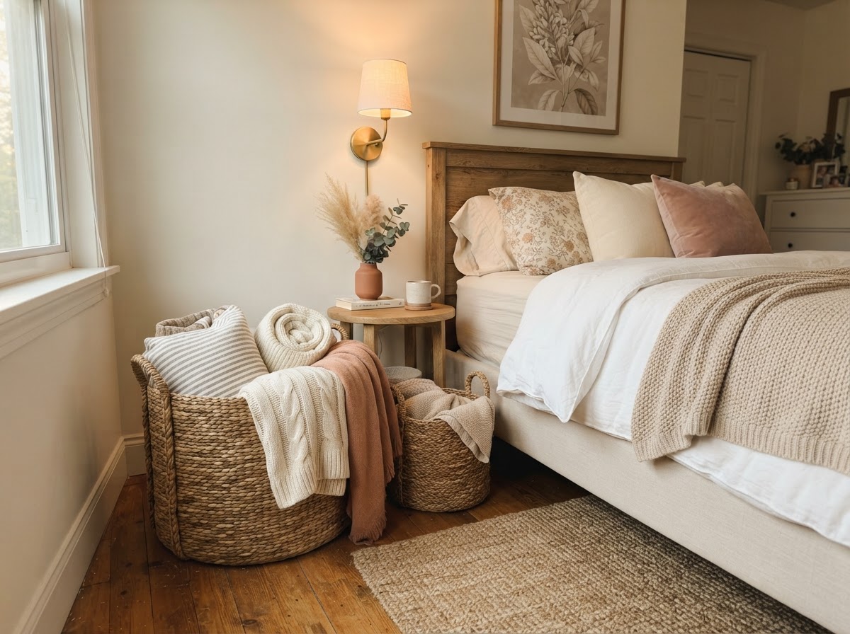 Woven seagrass baskets storing blankets beside a cream bed