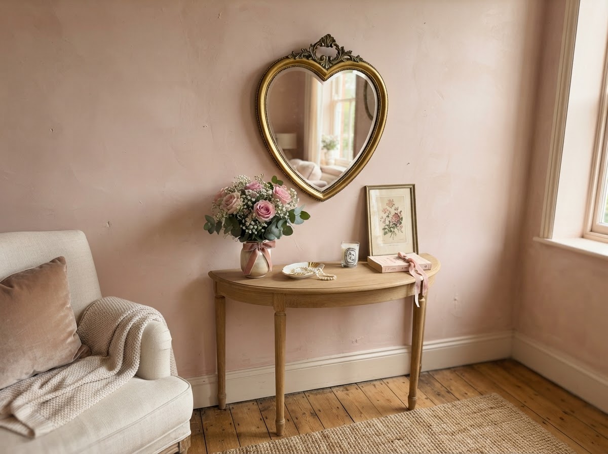 Gold heart-shaped mirror on a blush plaster wall above a console table