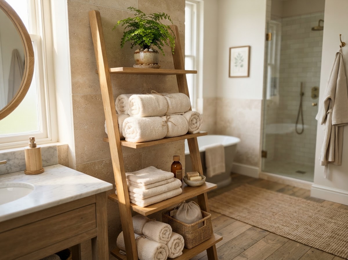 Leaning oak ladder shelf with rolled cream towels and a small plant in a bathroom