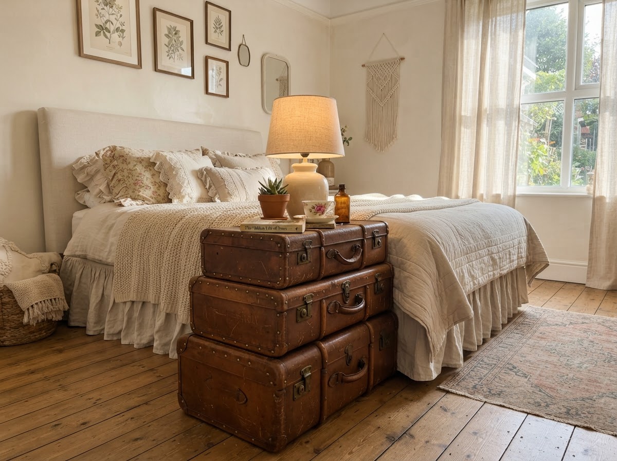 Stacked vintage leather trunks used as a side table beside a cream bed