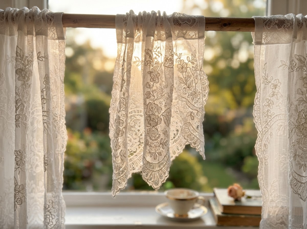 Delicate white lace curtains backlit by soft golden morning sun