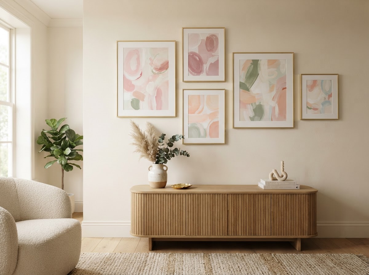 Small gallery of pastel abstract prints in thin gold frames on a cream wall above a console