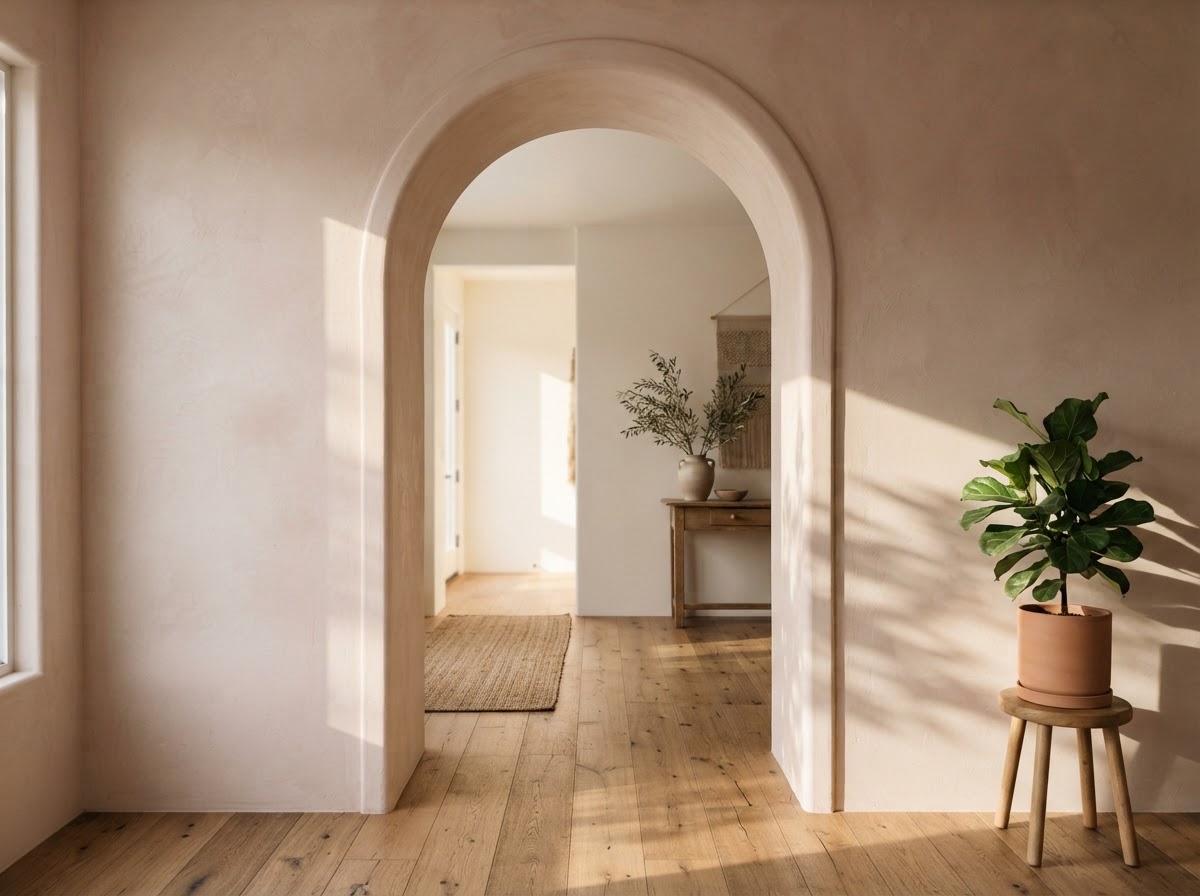 Arched doorway with soft blush plaster walls and natural oak flooring