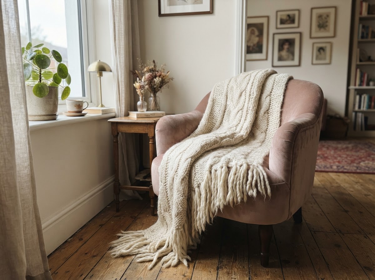 Cream wool throw blanket with long fringe draped over a blush velvet armchair