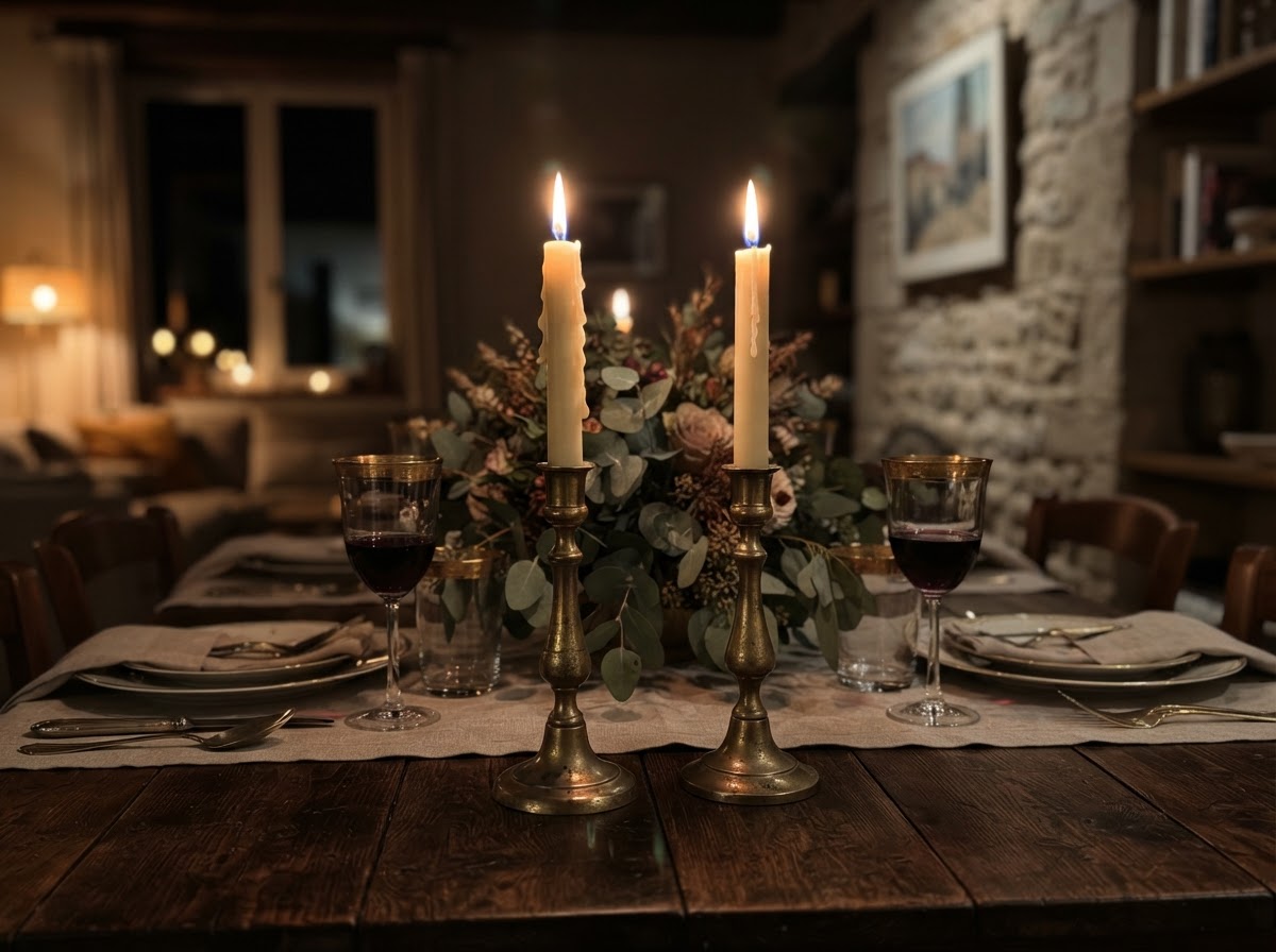 Brass tapered candle holders with lit cream candles on a dining table