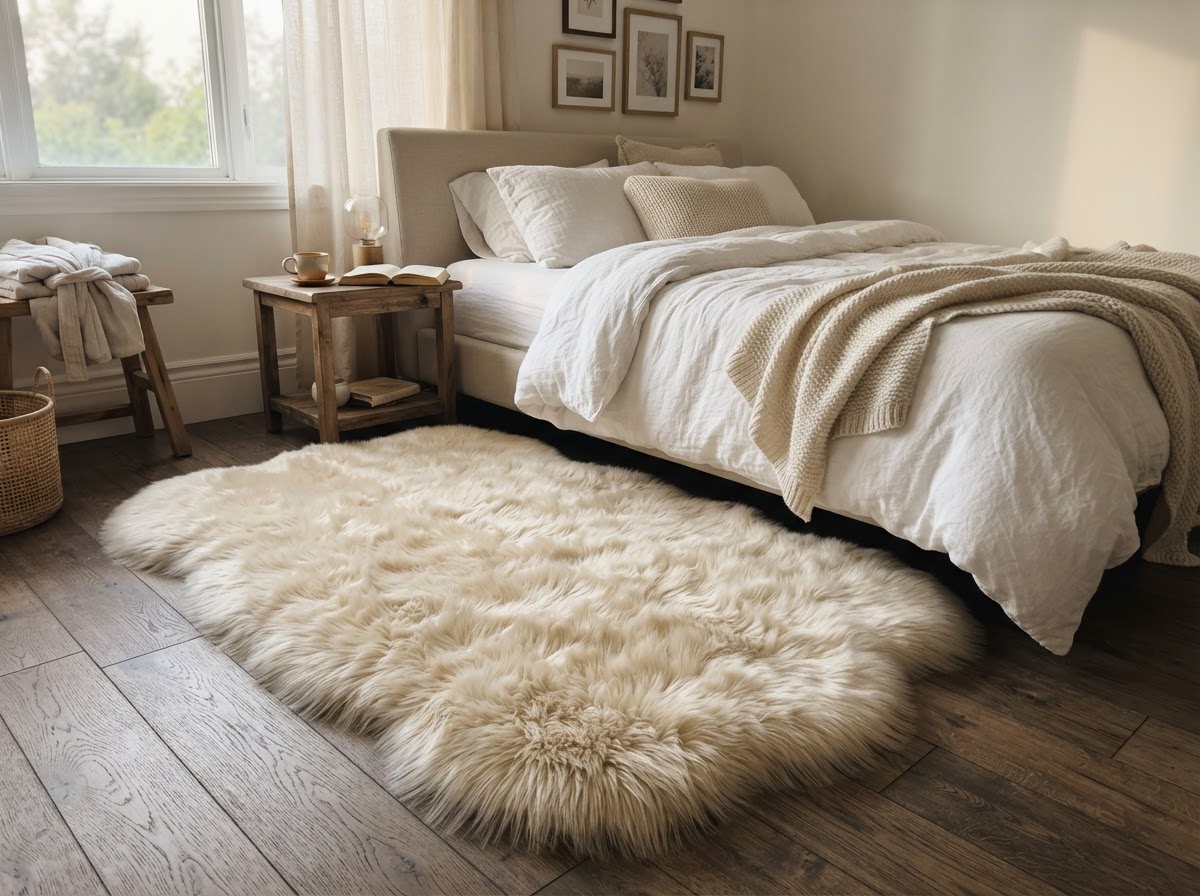 Plush cream faux fur rug beside a bed with white linen