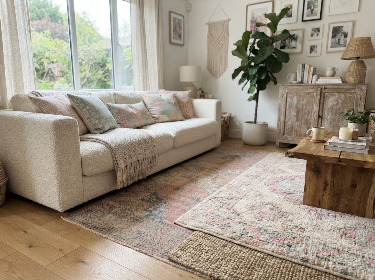 Layered pastel rugs over oak flooring in a living room with a cream sofa