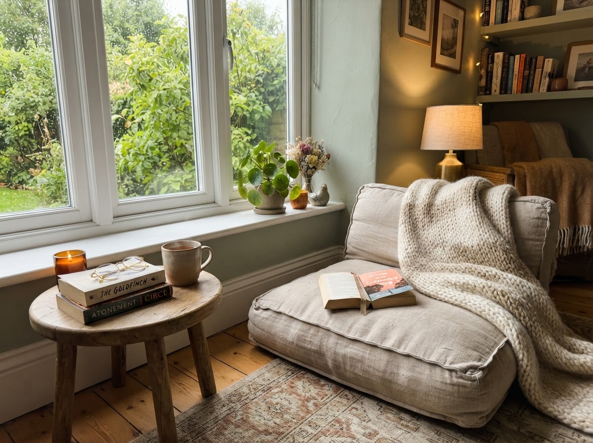Cozy reading corner with a floor cushion, side table and stack of books by a window