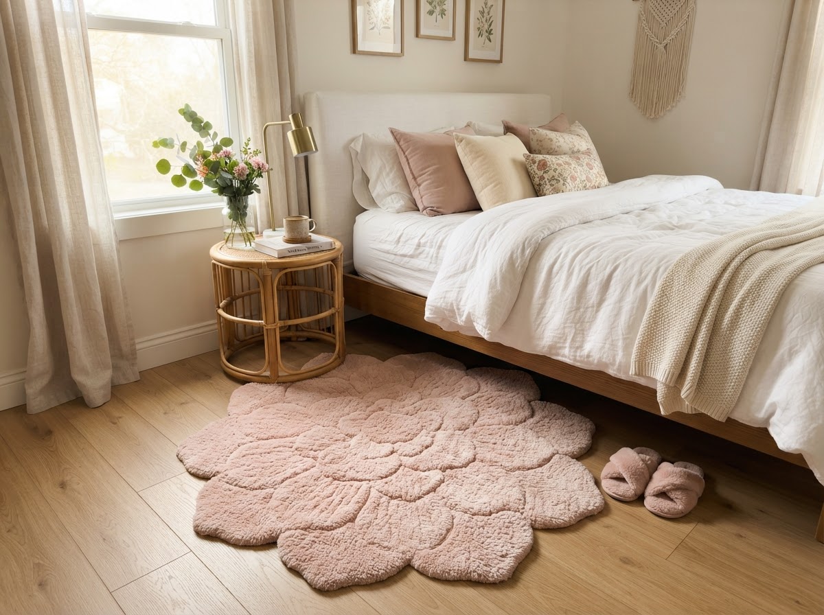 Round blush petal shaped rug beside a bed with white linen