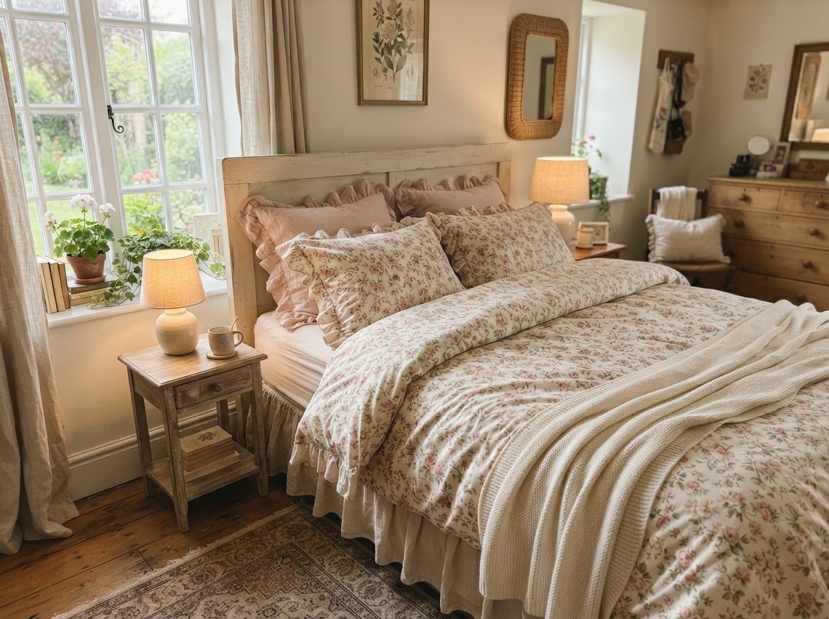 Bed dressed in soft floral printed cotton bedding in blush and cream with ruffled pillows