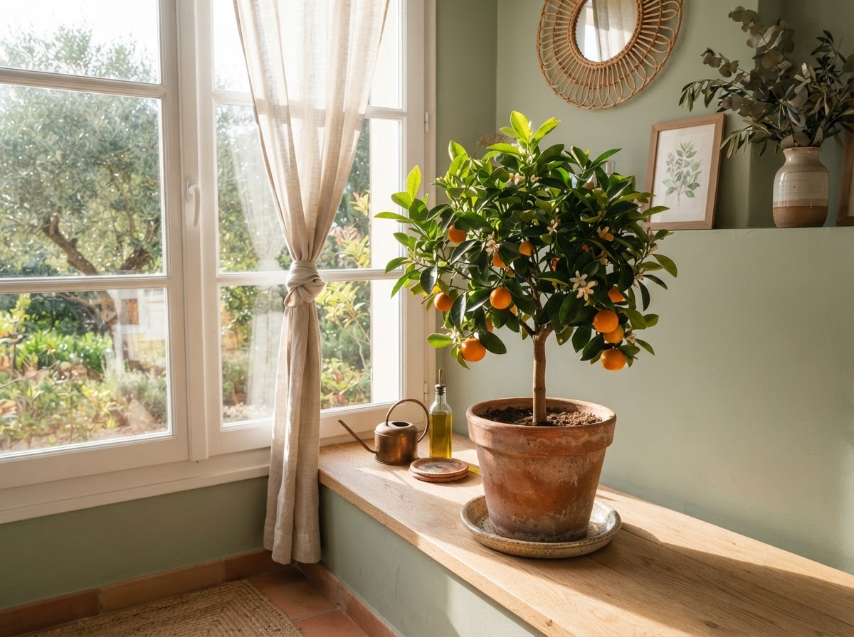 Small indoor citrus tree in a terracotta pot by a sunny window with a sage wall
