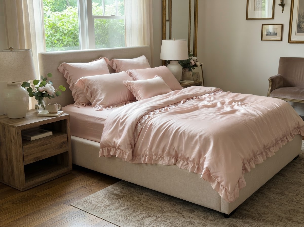 Blush pink satin silk bedding on a platform bed with ruffled edges
