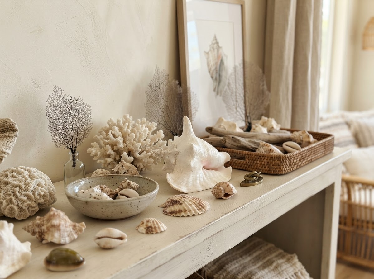 Decorative shells and coral arranged on a cream shelf