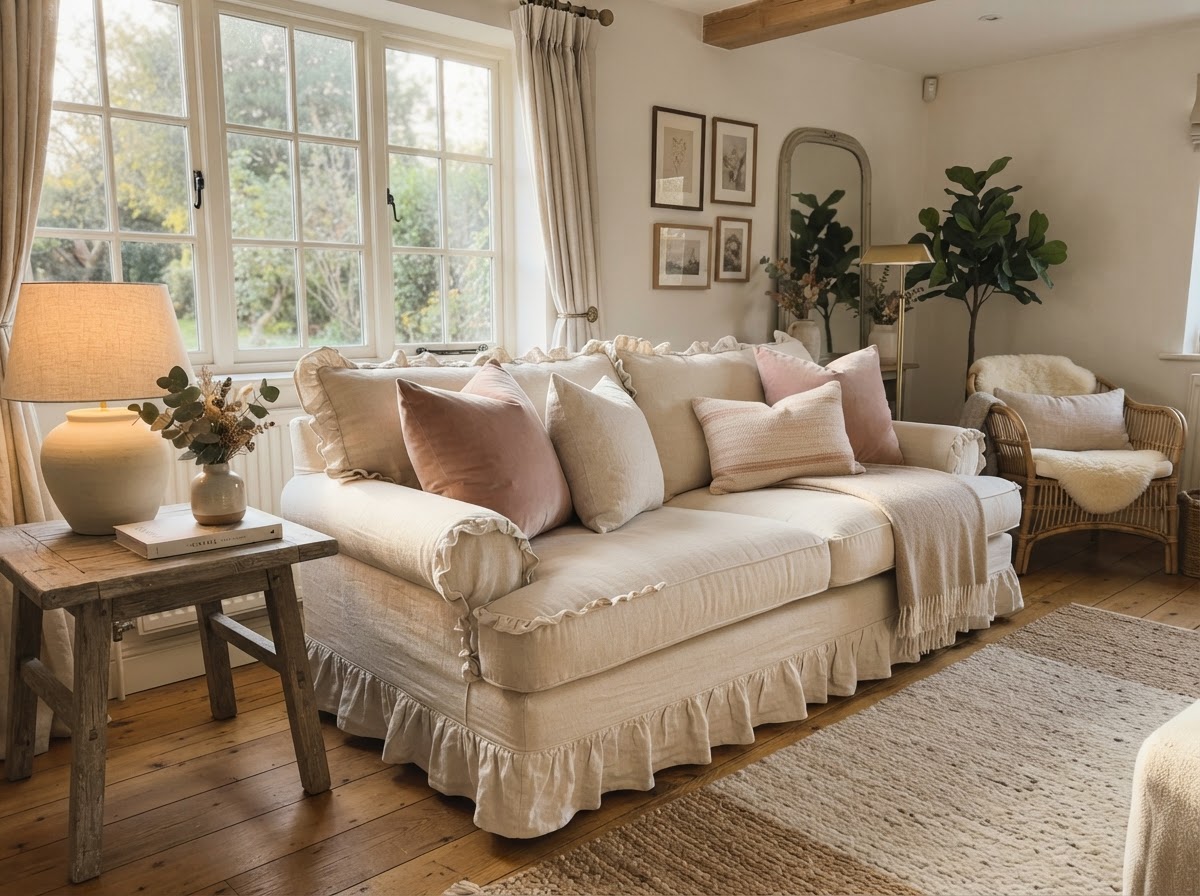 Cream linen slipcover sofa with ruffled edges and blush pillows in a bright living room