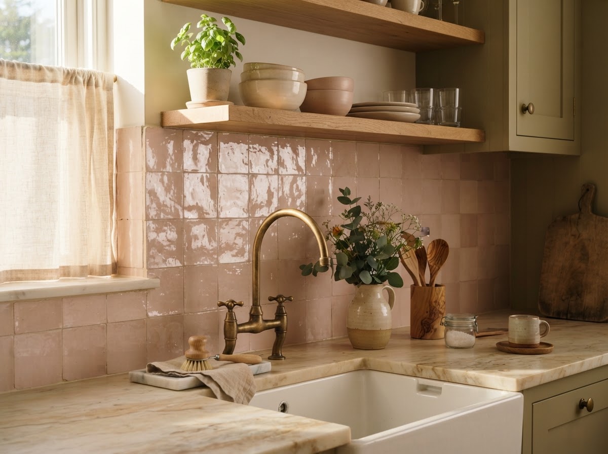 Handmade blush zellige tile kitchen backsplash with brass fixtures