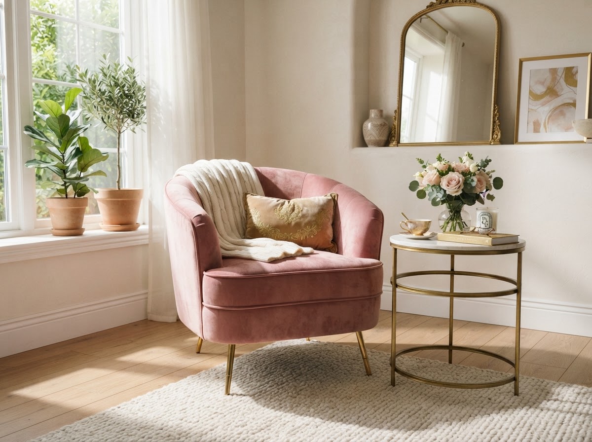 Blush pink velvet accent chair with curved back in a bright corner with a gold side table