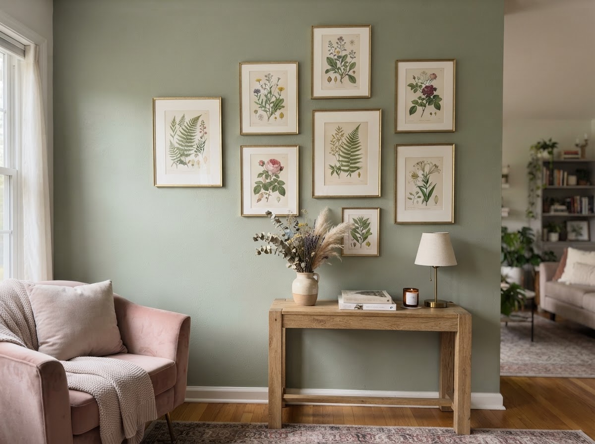 Wall styled with framed vintage botanical prints in thin gold frames on a sage wall