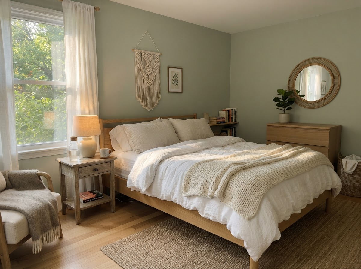 Bedroom with soft muted sage green walls, white linen bedding and oak furniture