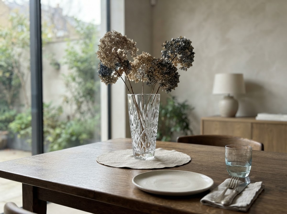 Tall crystal vase with single dried hydrangea stems on a dining table