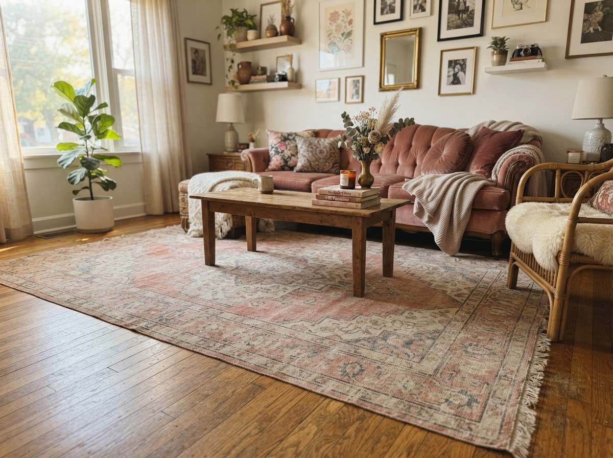 Faded vintage blush Persian rug layered over oak flooring in a living room