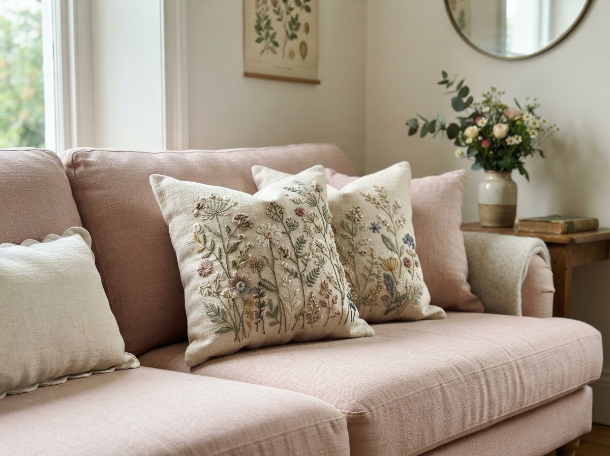 Cream linen pillows with delicate floral embroidery on a blush sofa