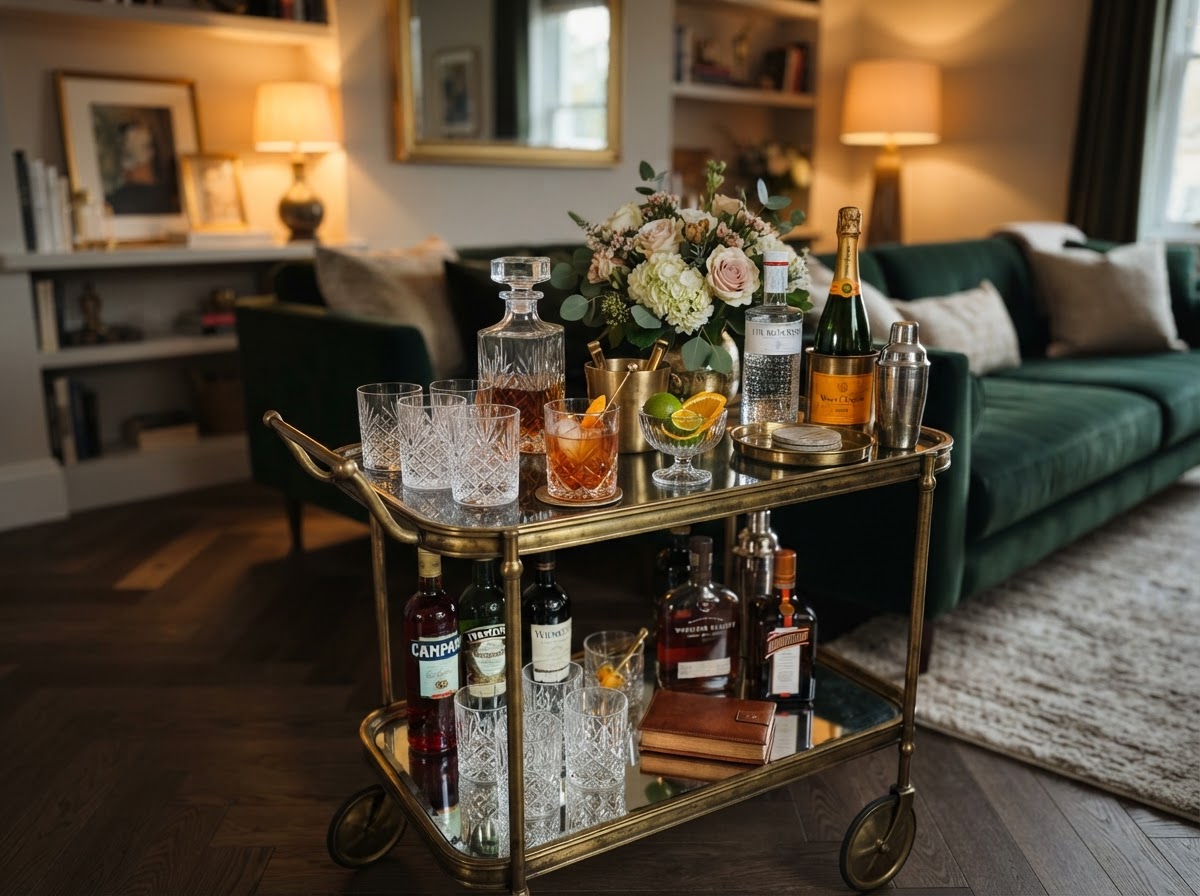Brass vintage bar cart styled with crystal glasses and a small floral arrangement