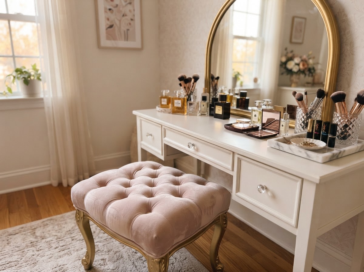Blush velvet tufted vanity stool in front of a mirror with makeup and perfume