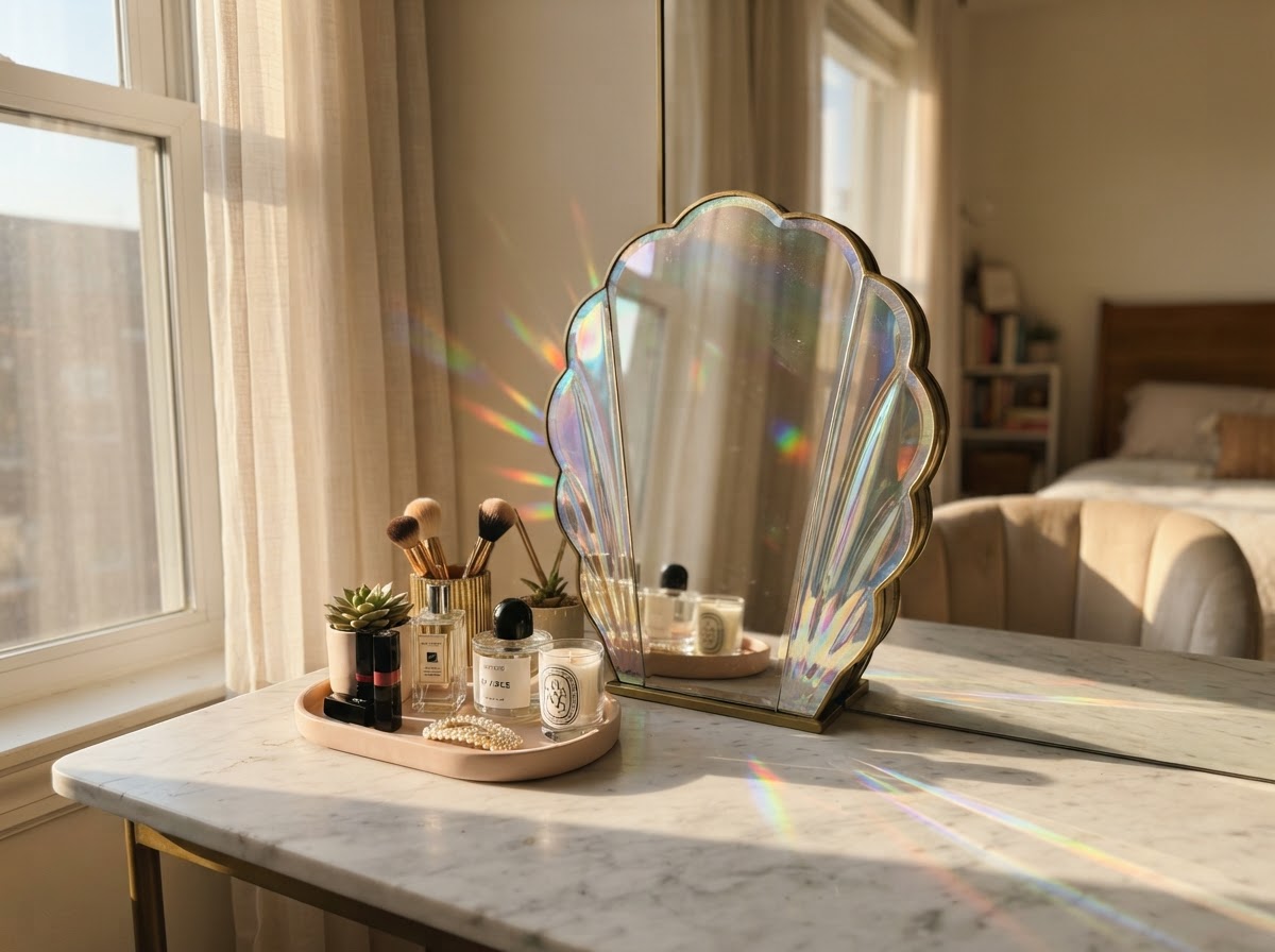 Scalloped iridescent vanity mirror on a white marble vanity with soft morning sunlight