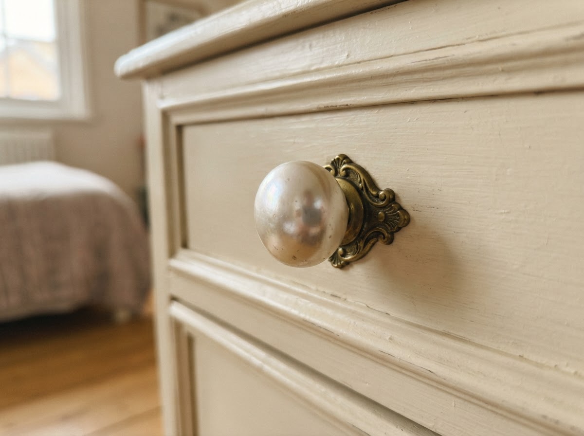 Pearl-look drawer knobs on a vintage cream painted dresser