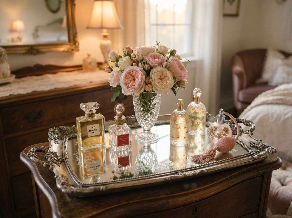 Antique mirrored vanity tray with perfume bottles and a small vase of roses