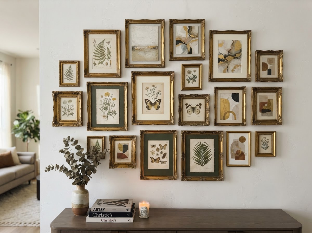 Gilded antique gold picture frames in a gallery wall on an alabaster white wall