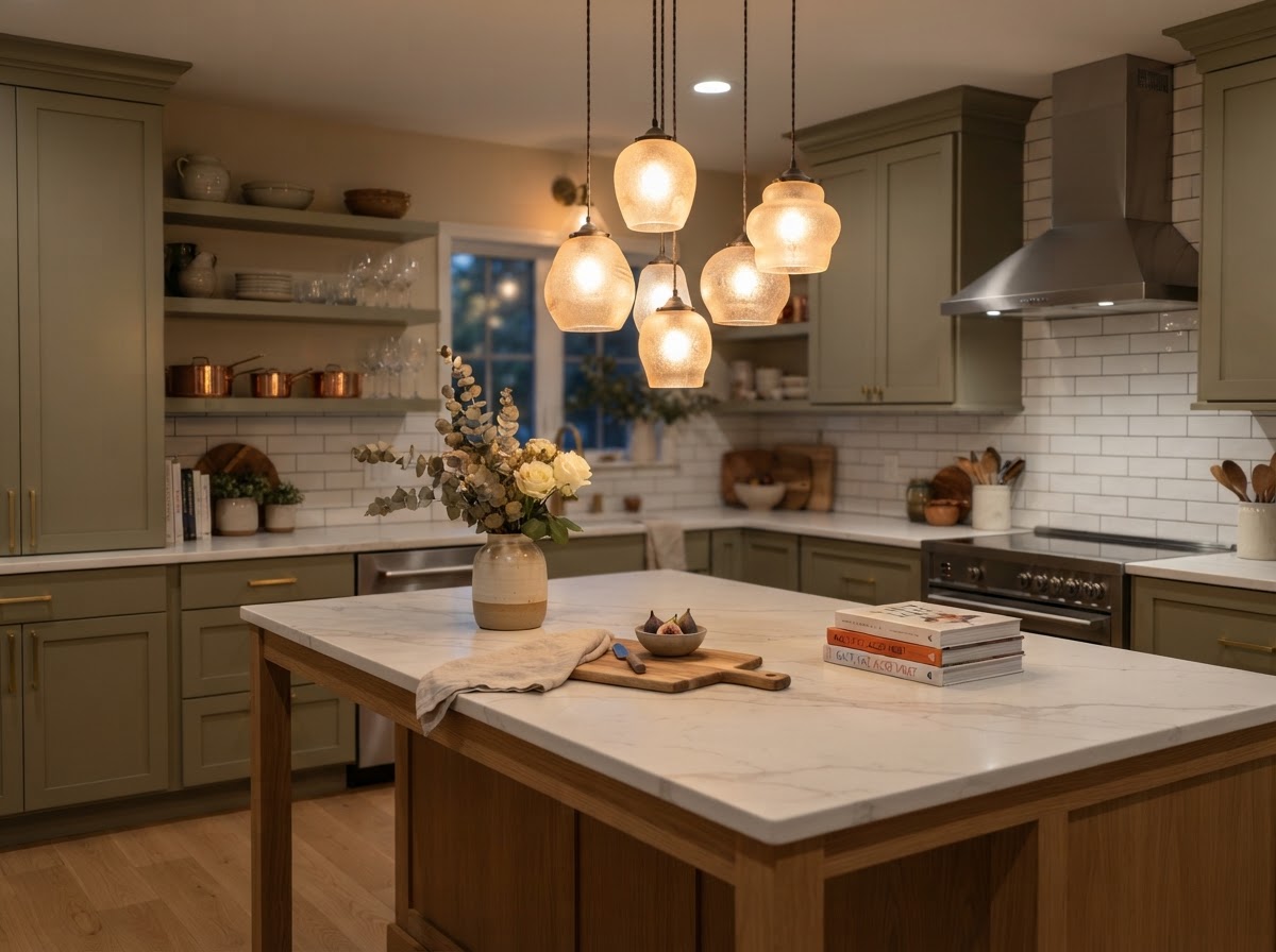 Cluster of small frosted glass pendant lights over a kitchen island