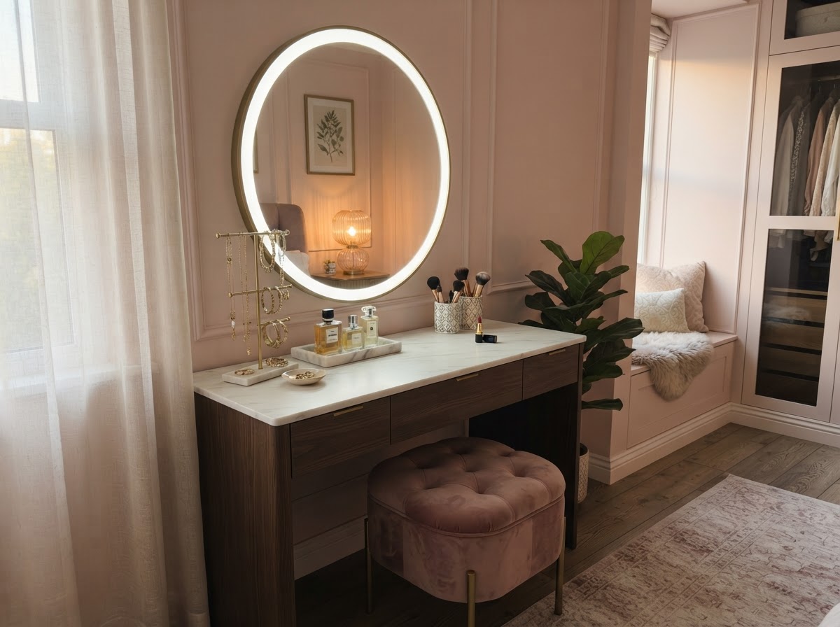Corner dressing area with a vanity mirror, jewelry stand and velvet stool