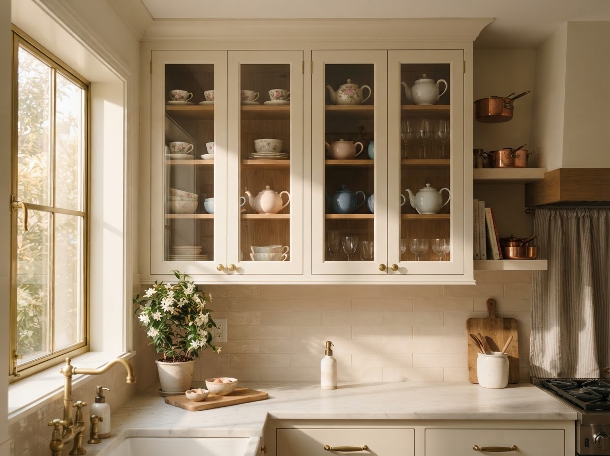 Cream glass front kitchen cabinets displaying pretty ceramics with brass hardware