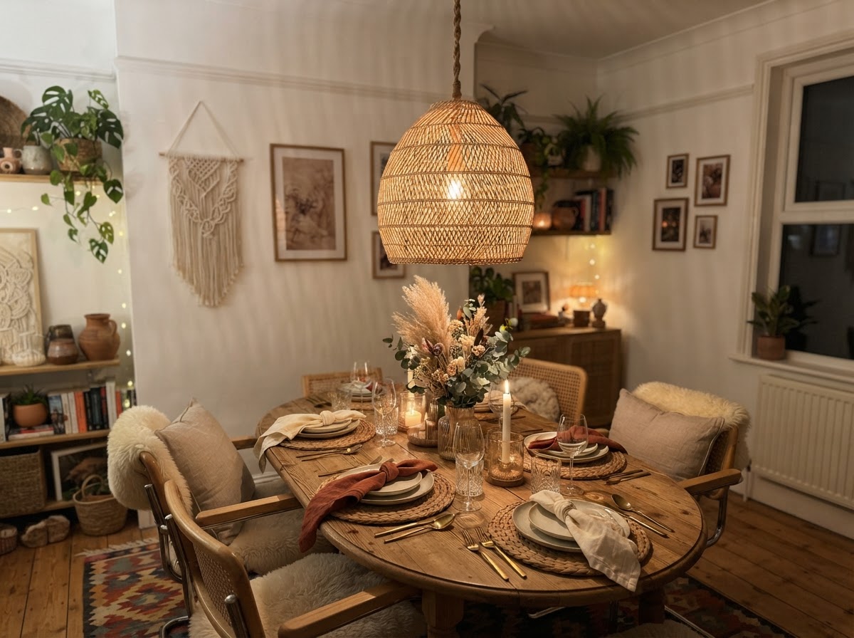 Woven rattan pendant lantern light over a dining table
