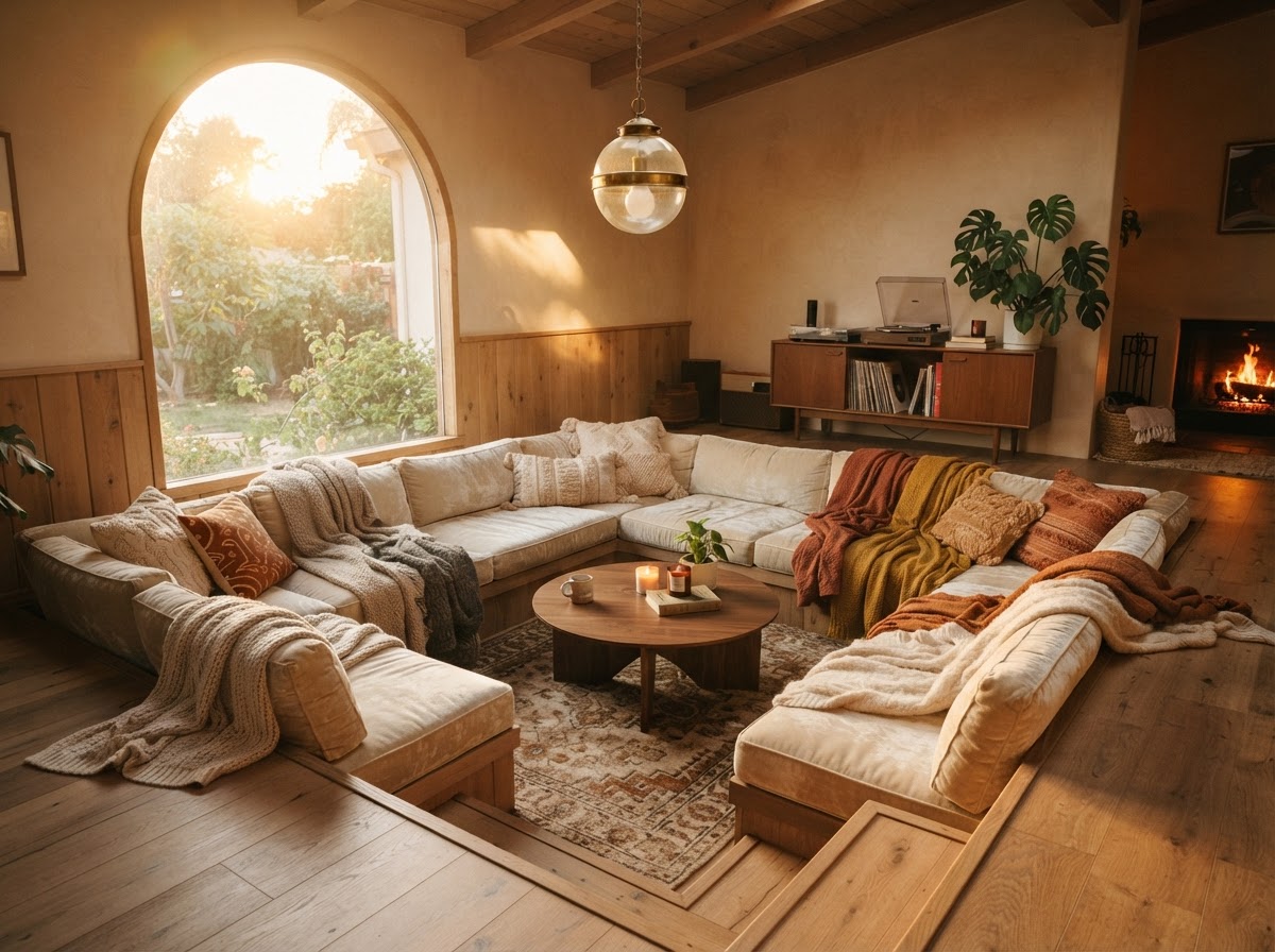 Sunken conversation pit living room with plush cream velvet cushions and throw blankets