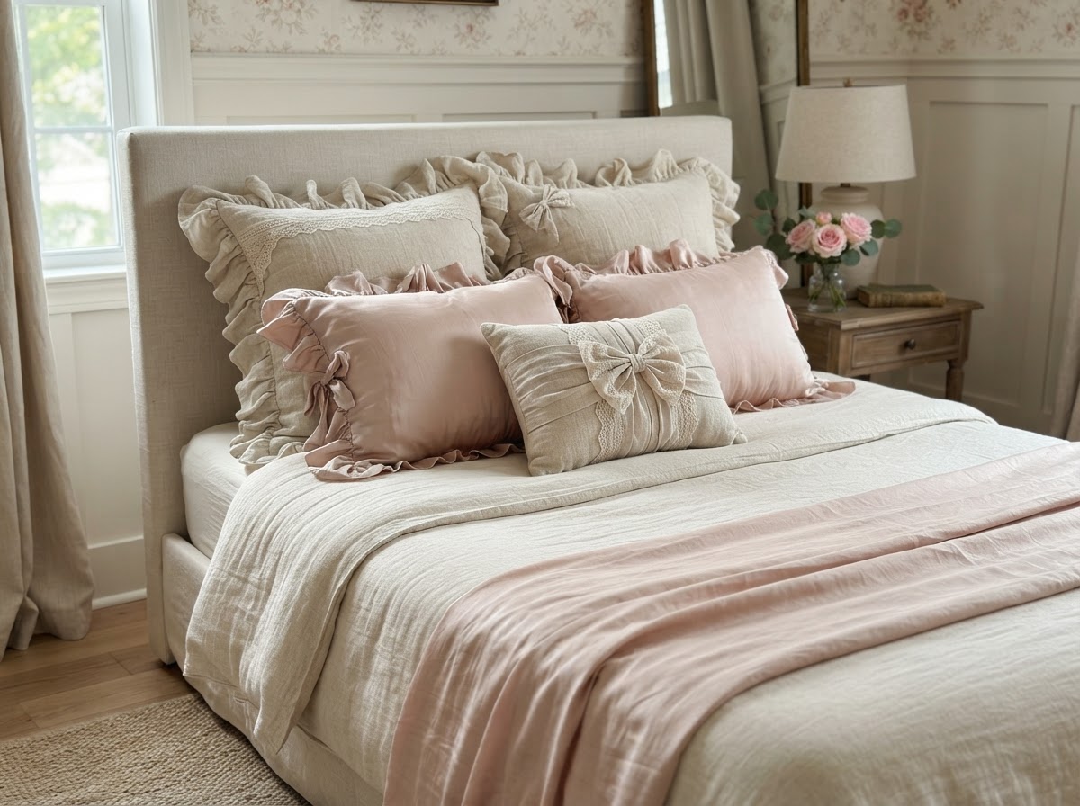 Stack of ruffled linen and silk pillows in cream and blush on a made bed